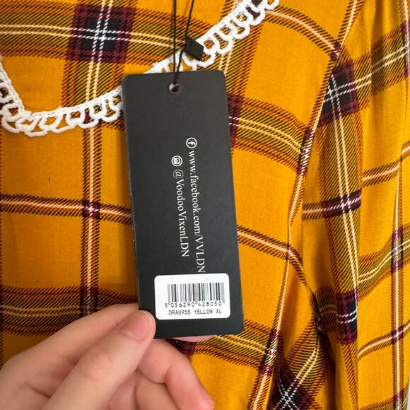 NWT Voodoo Vixen Harley Dress Size XL Yellow Plaid Embroidered Cottagecore FLAW - Picture 13 of 16